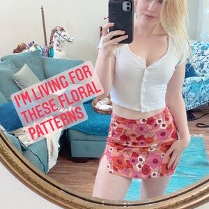 Floral orange red and yellow urban outfitters mini skirt with slit